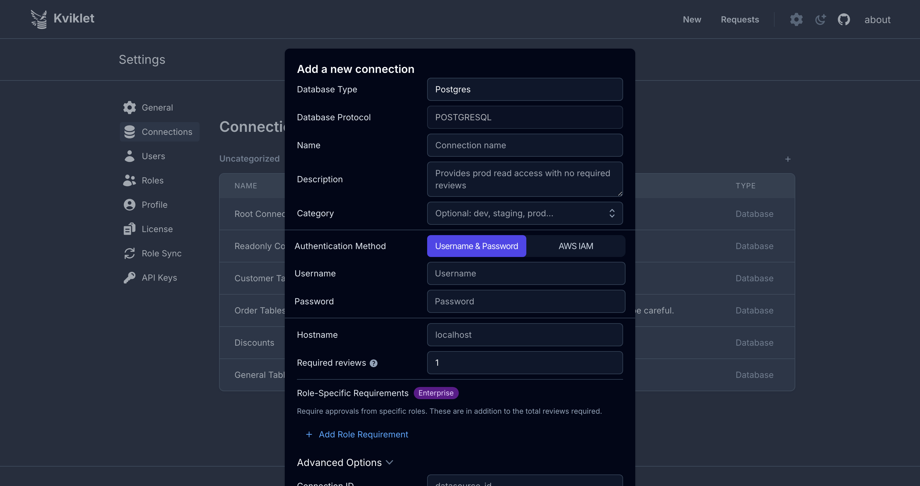 Kviklet Add Connection form with review requirements and execution limits. Kviklet integrates with most relational (SQL) databases