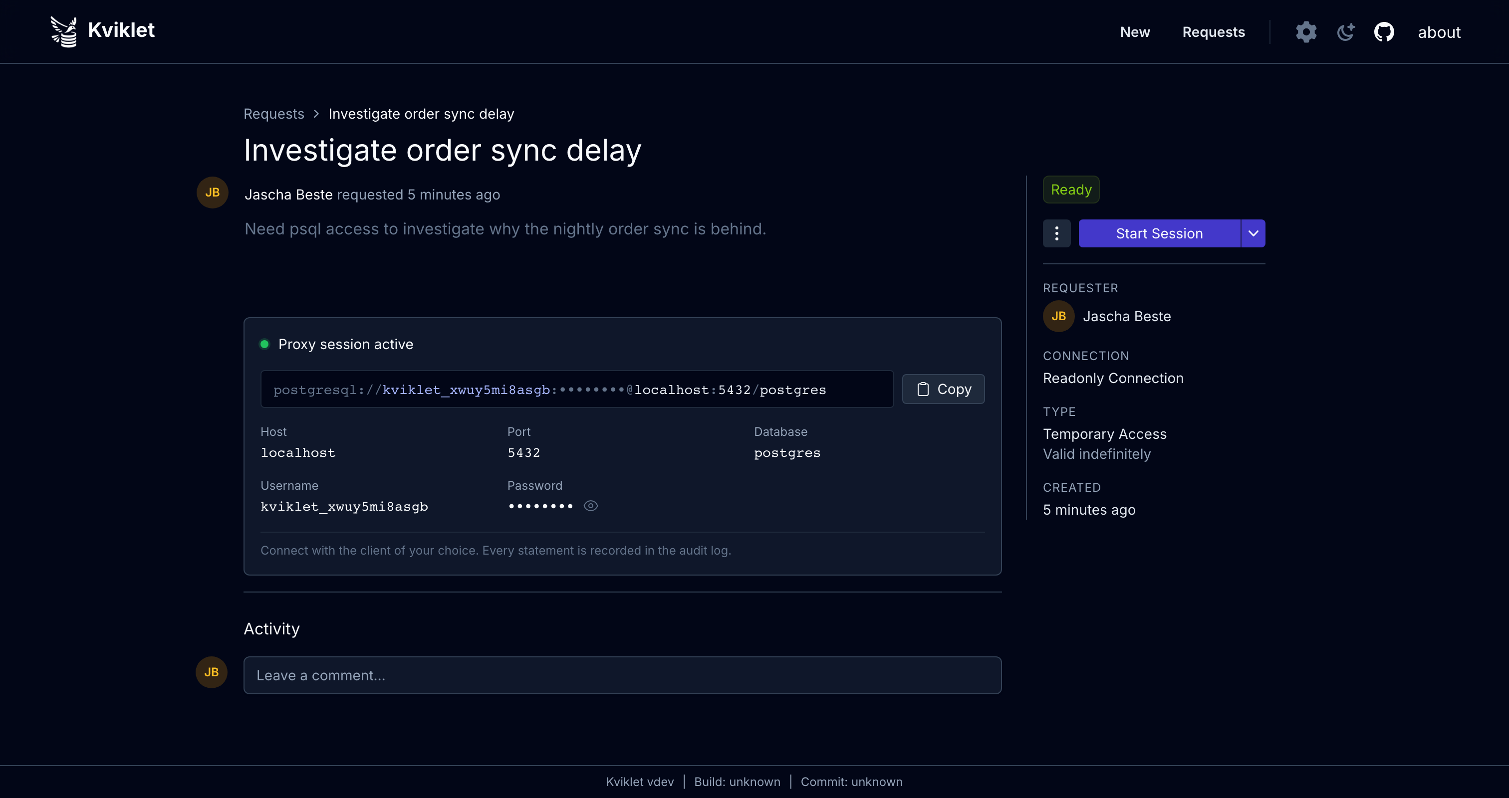 Kviklet proxy session with temporary credentials to connect a native database client, every statement audited.