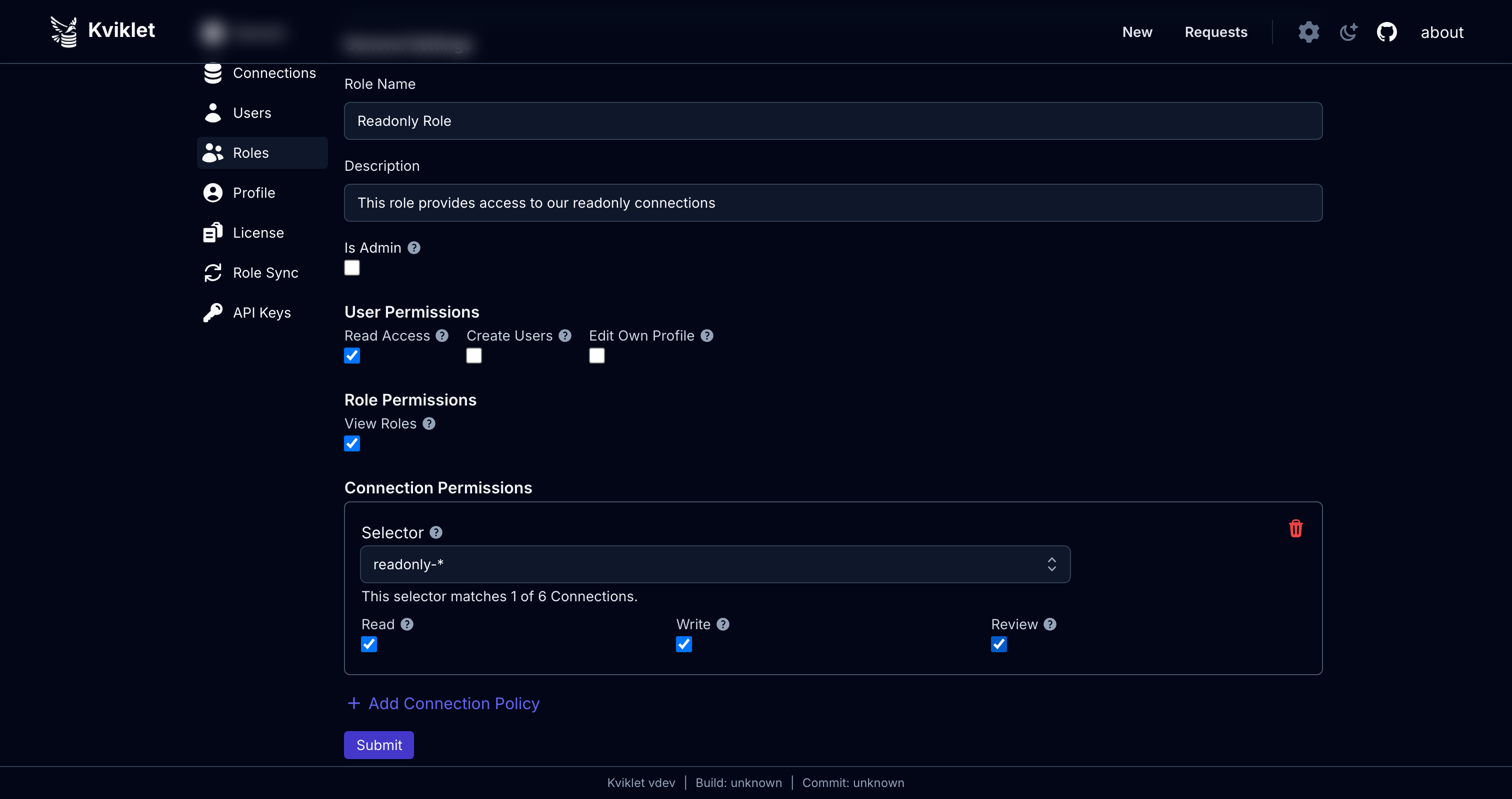 Kviklet role form with user permissions and per-connection access policies