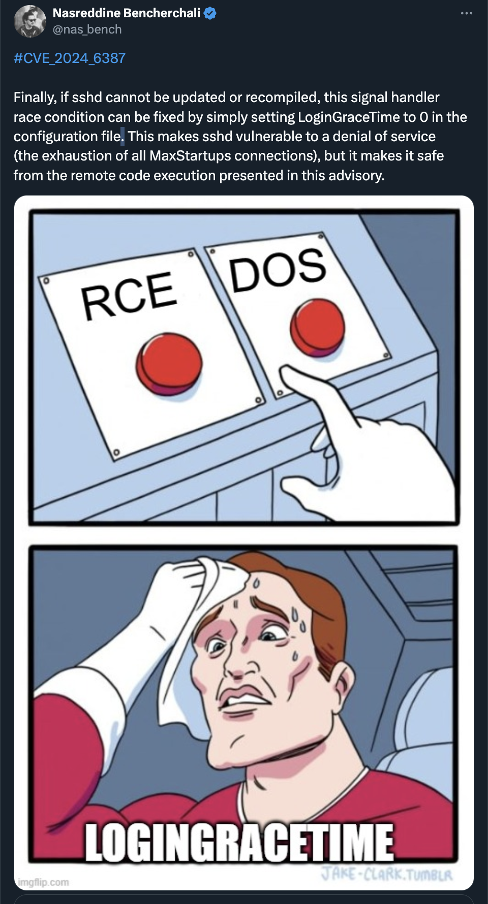 Screenshot from X showing a meme, RCE vs. DOS vulnerability